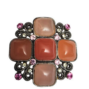 Pink and Coral Silver Tone Cabochon Rhinestone Statement Brooch